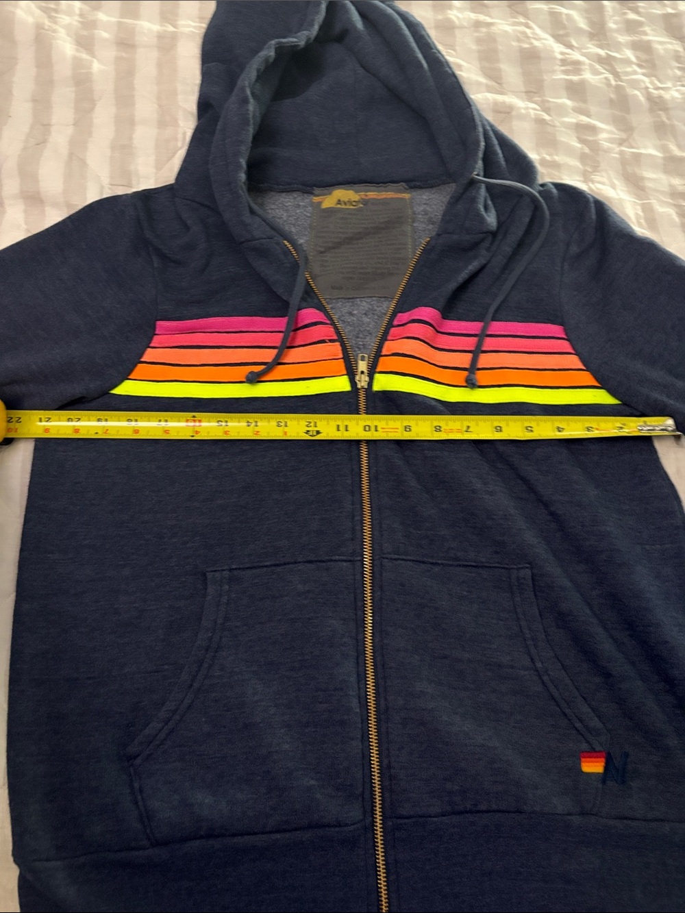 Aviator Nation Navy Zip Hoodie with Neon Pink, Orange & Yellow Stripes - Picture 3 of 5